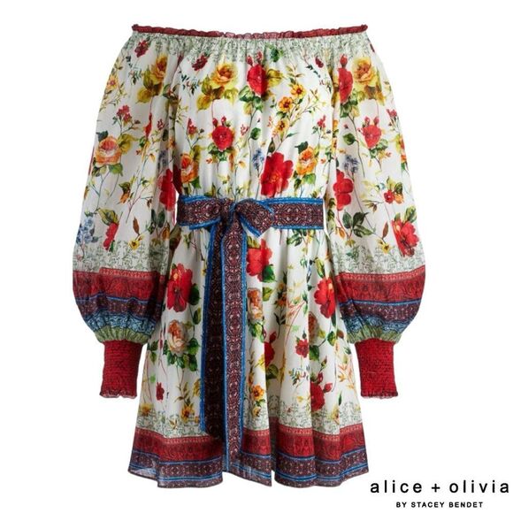 Alice + Olivia **NWT** Mary Off Shoulder Tie Belt Dress Dew Floral - Picture 8 of 8